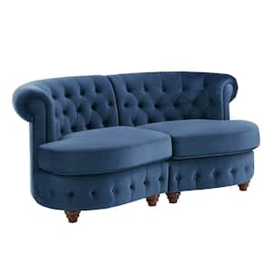 69 in. Blue Velvet Tufted Scroll Arm Chesterfield Curved 2-Seat Loveseat