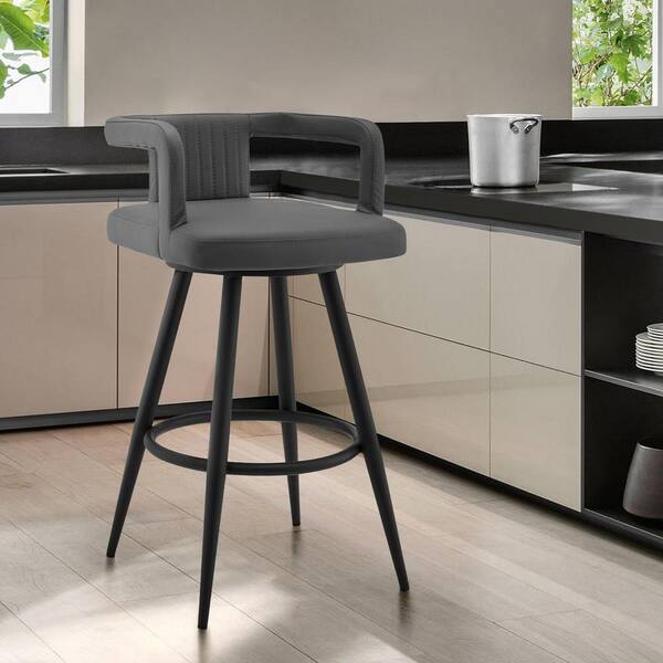 HomeRoots 30 in. Gray Low Back Metal Bar Stool with Faux Leather Seat