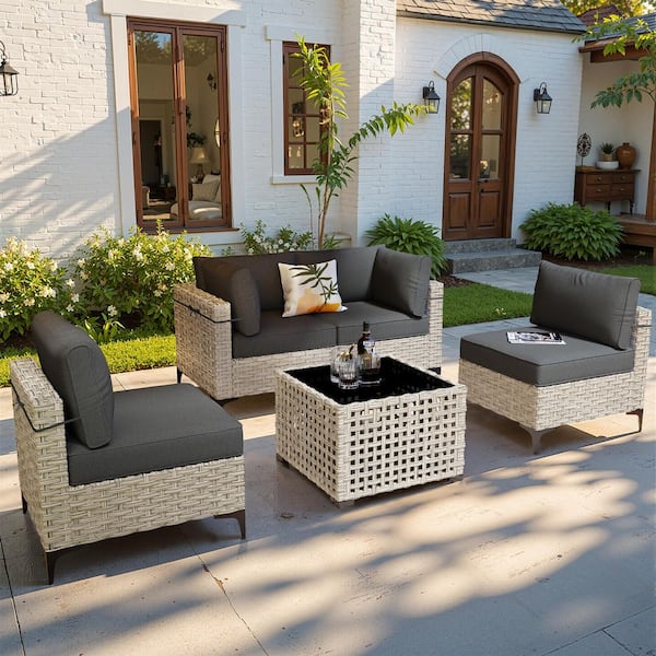 OVIOS Supery Gray 5-Piece Wicker Patio Conversation Seating Set with Black Cushions and Coffee Table