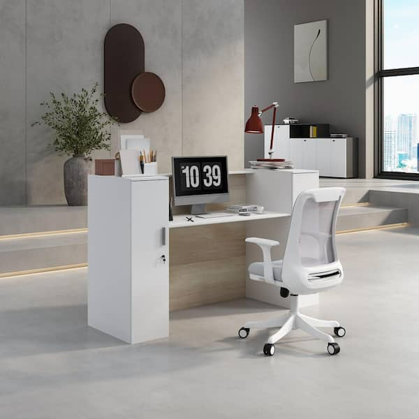 Holf Modern Rectangular Executive MDF Office Desk with 4 Drawers Computer  Desk in White