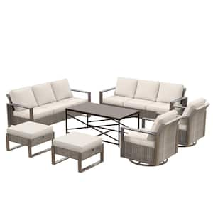 7-Piece Wicker Outdoor Patio Conversation Set with Beige Cushions and Coffee Table