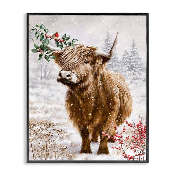 Stupell Industries Cattle with Winter Berries by Ian Saxton 1 Piece Framed Graphic Print Animal Poster Art Print 20 in. x 16 in.