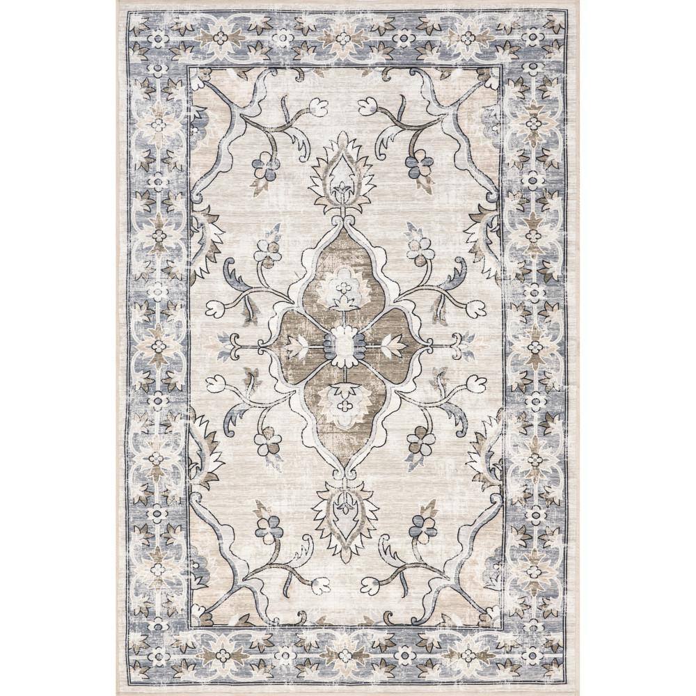 Gray Floral Cotton Synthetic Washable Round Area Rug