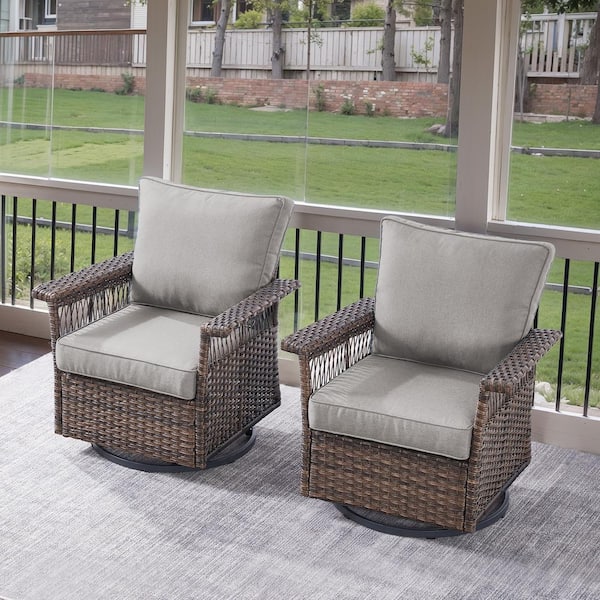 Opohoro GliderNet Metal and Brown Wicker Outdoor Rocking Chair Patio Swivel Chairs with Olefin Gray Cushions (2-Pack)