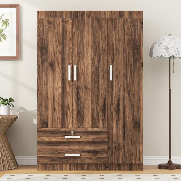3-Door Multi-Compartment Brown Wood 41.2 in. Armoire with Lockable Drawer and Hanging Rods