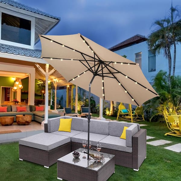 10 ft. Steel Market Solar Tilt Patio Umbrella with Crank and LED Lights in Beige