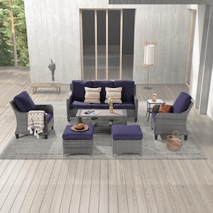 7-Piece Gray Wicker Patio Outdoor Conversation Set with Coffee Table, Navy Blue Cushions