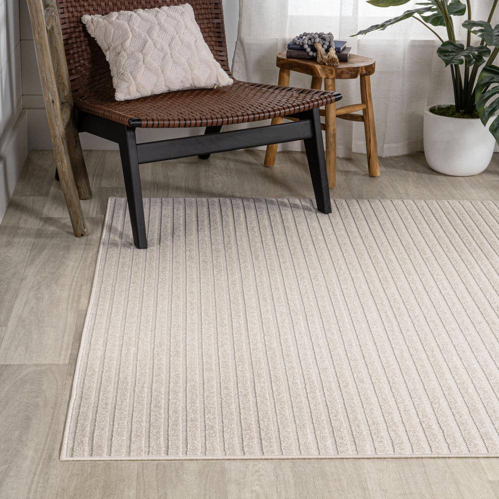 Ivory Cream Stripe Synthetic 8' x 10' Easy-Care Area Rug