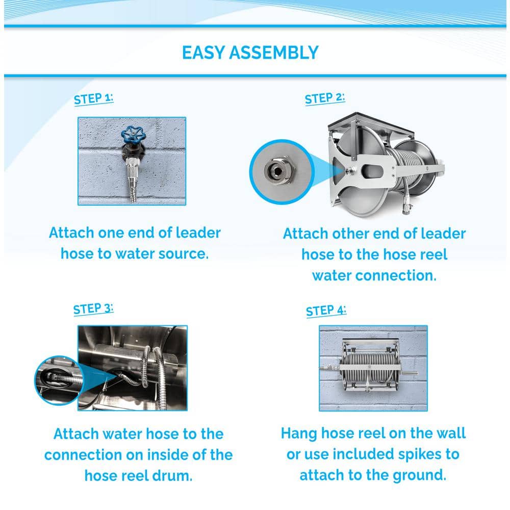 Heavy-Duty Stainless Steel Wall-Mount Hose Reel with 100FT Hose