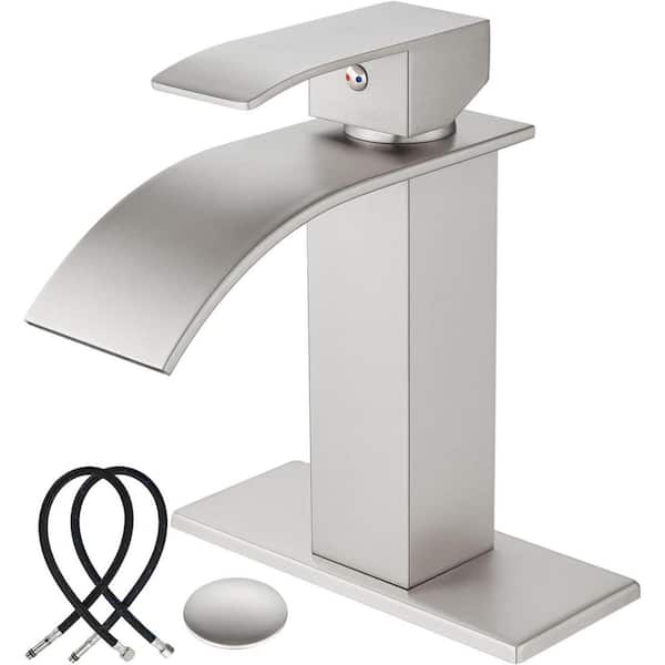 Single Handle Waterfll Spout Single Hole Bathroom Sink Faucet with Drain and Deck in Brushed Nickel
