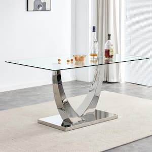 Modern Rectangle Silver Glass Pedestal Dining Table Seats for 6 (63.00 in. L x 30.00 in. H)