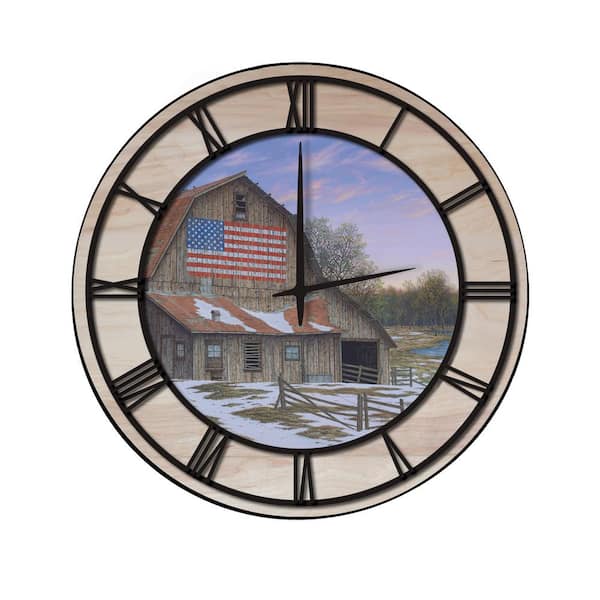 Unbranded "Enduring Legacy Barn" Woodgrain Accent and Black Numbers Imaged Wall Clock