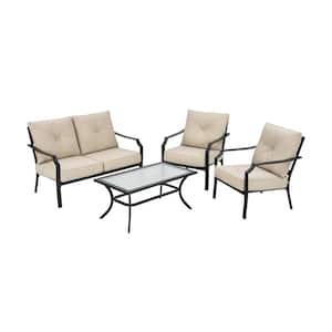 4PCS Metal Patio Conversation Set Outdoor Sectional Set w/Coffee Table & Beige Cushions