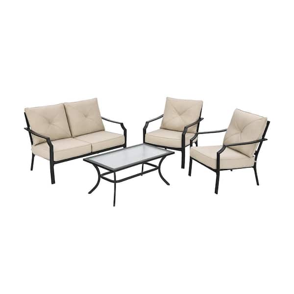 HONEY JOY 4PCS Metal Patio Conversation Set Outdoor Sectional Set w/Coffee Table & Beige Cushions