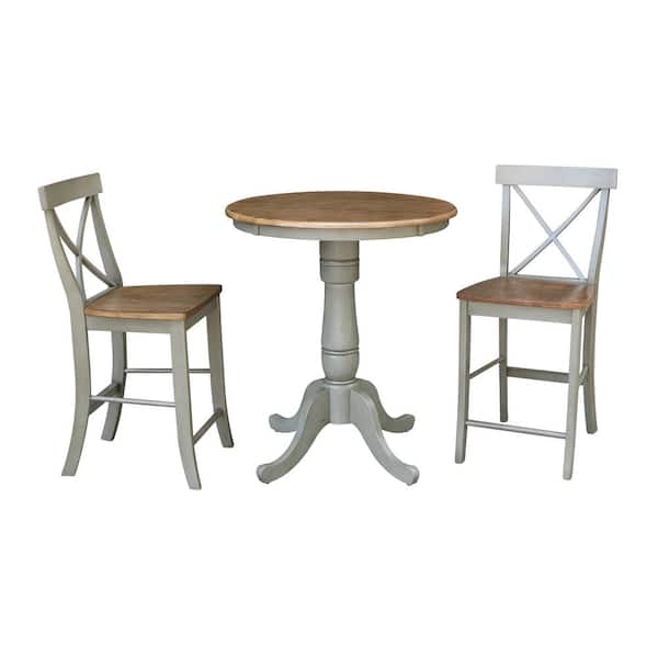 International Concepts Hampton 3-Piece 30 in. Hickory/Stone Round Solid Wood Counter Height Dining Set with X-Back Stools
