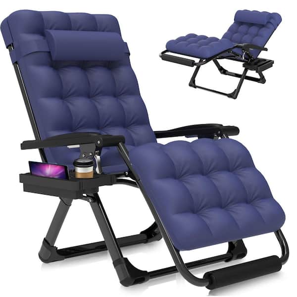 Reclining Patio Lounger Chair Steel Extra Wide Zero Gravity Chair with Cup Holder&Headrest&Removable Blue Mattress