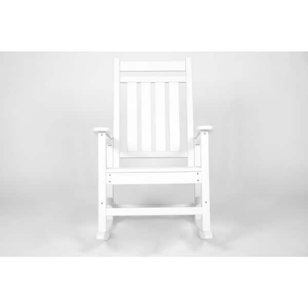 White Plastic Outdoor Rocking Chair with Wood-Texture, Porch