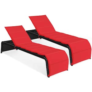 Plastic Wicker Outdoor Lounge Chair Recliner with Red Cushions (2-Pack) Adjustable Height