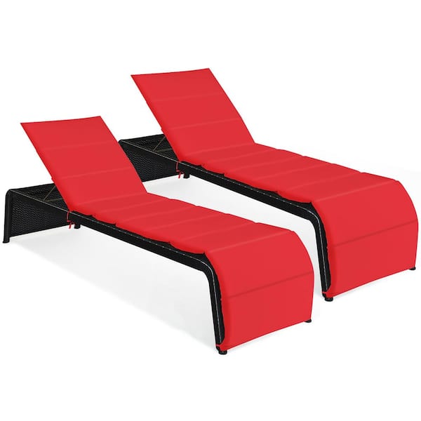 Costway Plastic Wicker Outdoor Lounge Chair Recliner with Red Cushions (2-Pack) Adjustable Height