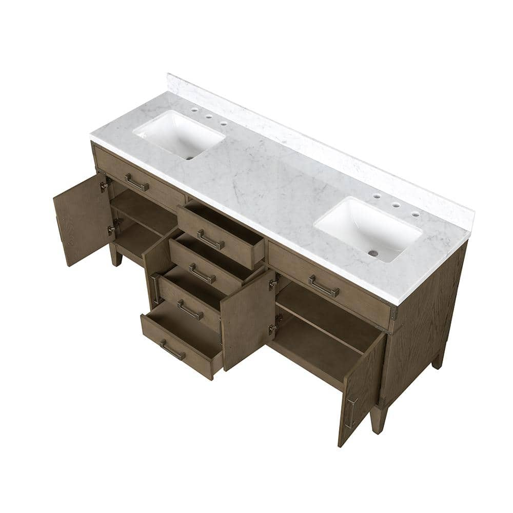 Fossa 72 in W x 22 in D Grey Oak Double Bath Vanity and Carrara Marble Top -  Lexora, LVF72DR100