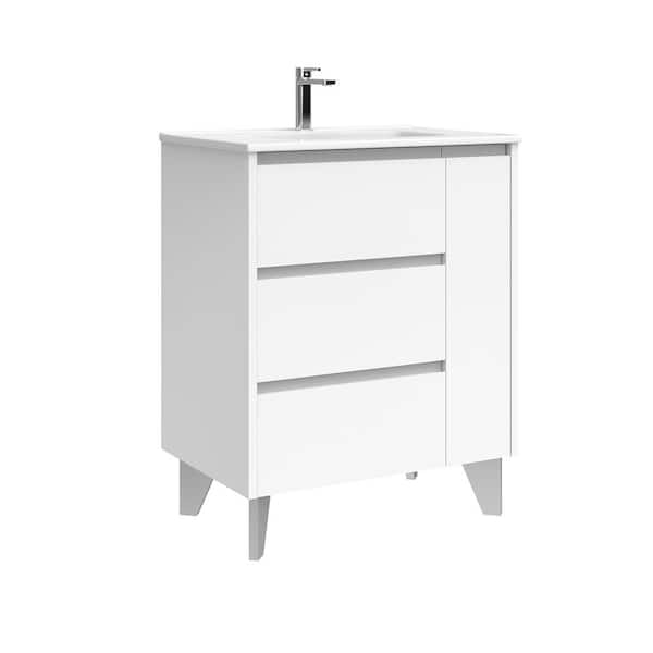 WS Bath Collections Lila 28.0 in. W Single Basin Freestanding Bath Vanity in Glossy White with Ceramic White Top