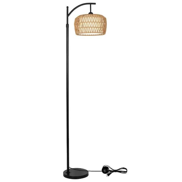 72 in. Brown & Black 1-Light Smart Arc Floor Lamp with Rattan & Fabric Double Shade, Remote and LED Blub