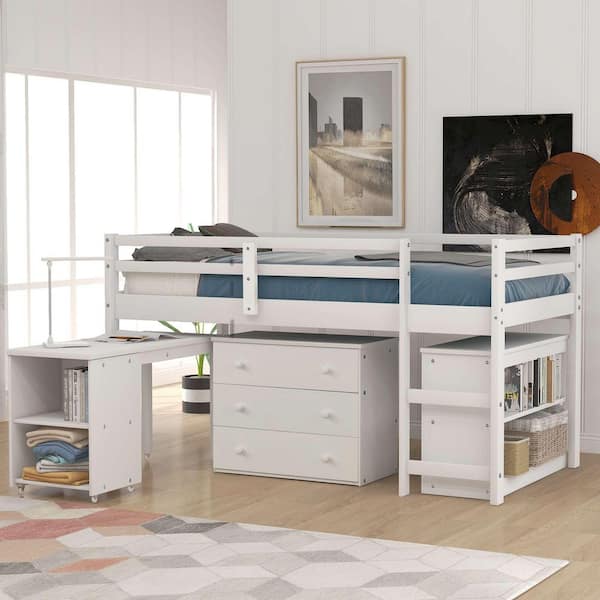 White Twin Wood Loft Bed with Cabinet and Rolling Portable Desk