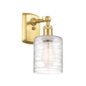 Cobbleskill 1-Light Satin Gold Wall Sconce with Deco Swirl Glass Shade