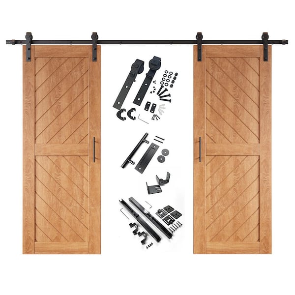 XT3 26 in. x 80 in. C-Panel Early American Slanted Stripe Design Double Pine Wood Sliding Barn Door with Hardware Kit