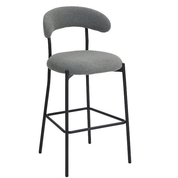 Unbranded Black Metal Outdoor Bar Stool with Grey Teddy Cushions, Black Powder Coating Base and Footrest for Kitchen Island