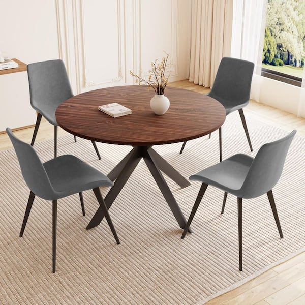 5-Piece Gray Chairs and Round MDF Top Walnut Dining Table, Dining Table Set with Matching 4 PU Chairs