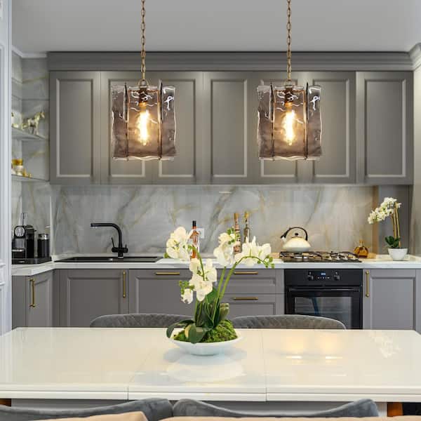 Echonalyri Modern 1-Light Satin Gold Square Pendant Light with Smoky Gray Texture Glass Shade for Kitchen, Dining Room