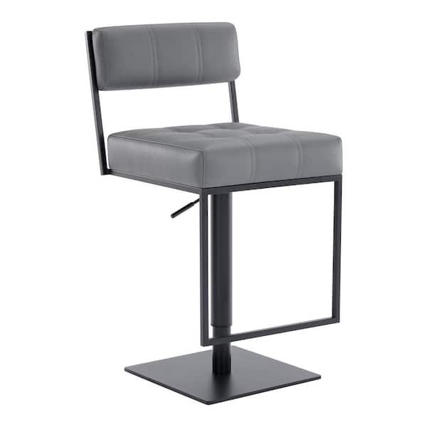 Armen Living Blossom Contemporary Adjustable 35-44 in. Swivel Bar Stool in Matte Black Finish and Grey Faux Leather