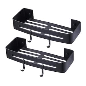 2-Pack rectangle Wall Mounted Aluminum Alloy Shower Caddy Shelf Basket Rack with 2 Shower Hooks in Matte Black