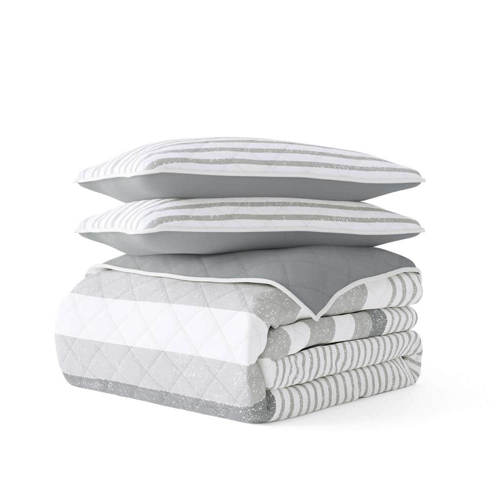 Light Gray Twin Reversible Microfiber Quilt Set with Stripes