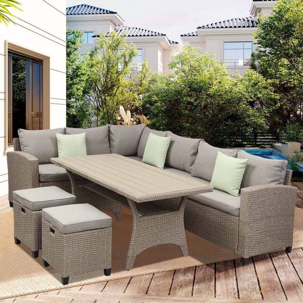Tunearary Wicker Patio Outdoor Sofa 5-Piece Sectional Set with Dining ...