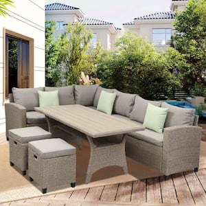 Wicker Patio Outdoor Sofa 5-Piece Sectional Set with Dining Table and Beige Cushions