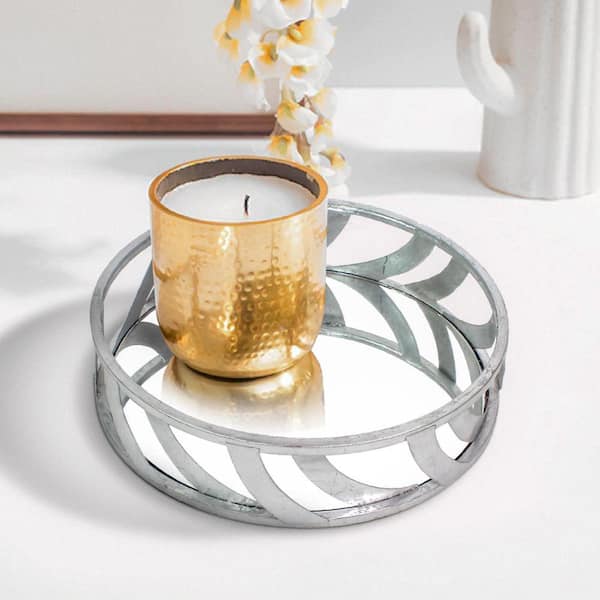 Benjara Silver Round Metal Streamline Tray with Mirror Panel Inserts