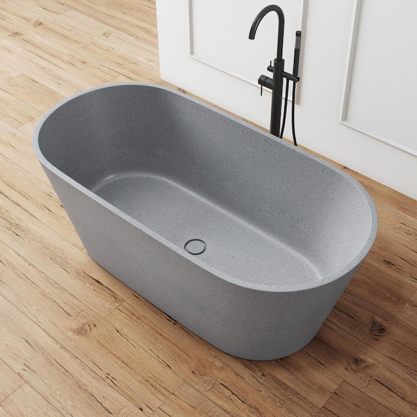 59 in. x 29 in. Terrazzo Stone Solid Surface Flatbottom Freestanding Soaking Bathtub in Light Gray