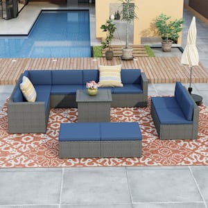 9-Piece Gray Wicker Outdoor Patio Conversation with Blue Cushions and Ottoman