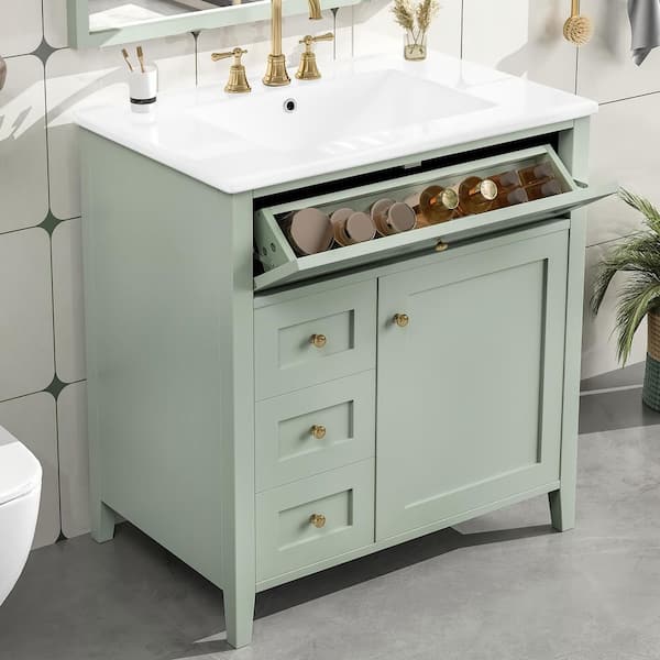 30 in. Freestanding Green Bath Vanity with White Ceramic Top 3 Drawers and Adjustable Shelf