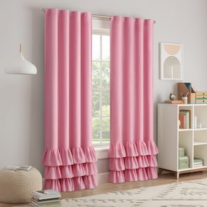 Kids Tiered Ruffle Pink Polyester Solid 40 in. W x 84 in. L Back Tab 100% Blackout Curtain (Single Panel)