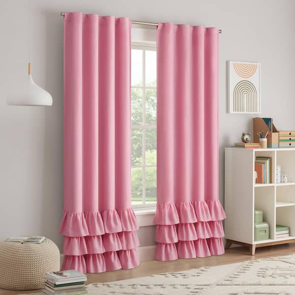 Eclipse Kids Tiered Ruffle Pink Polyester Solid 40 in. W x 84 in. L Back Tab 100% Blackout Curtain (Single Panel)