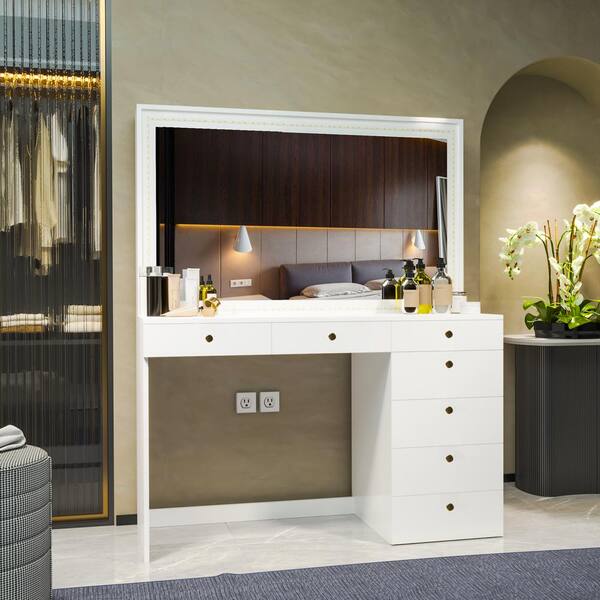 BOAHAUS Modern White Finish, 7-Drawers 57 in. W Sturdy Frame Dresser with Mirror and LED Lights
