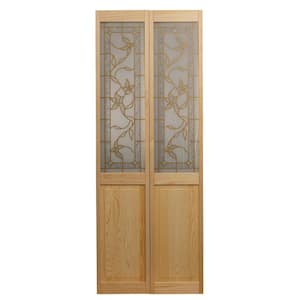 29.5 in. x 78.625 in. Giverny Unfinished Pine 1/2-Lite Decorative Glass Over Raised Panel Solid Core Wood Bi-fold Door