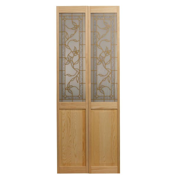 Pinecroft 29.5 in. x 78.625 in. Giverny Unfinished Pine 1/2-Lite Decorative Glass Over Raised Panel Solid Core Wood Bi-fold Door