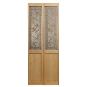 36 in. x 80 in. Giverny Unfinished Pine 1/2-Lite Decorative Glass Over Raised Panel Solid Core Wood Bi-fold Door