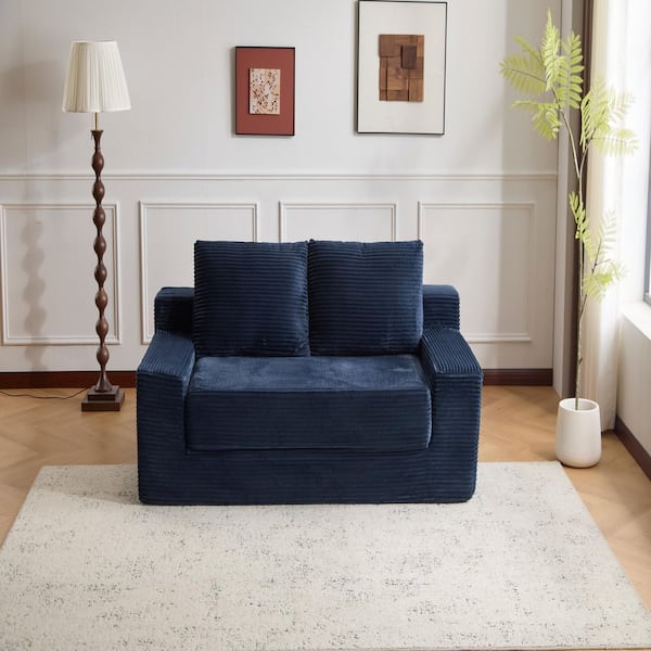 71.6 in. Corduroy 2-Seater Compressed Reversible Cushion Loveseat in Dark Blue