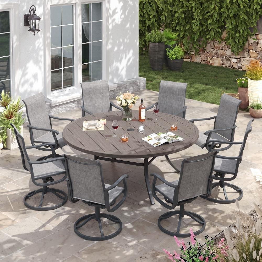 9-Piece Metal Outdoor Patio Dining Set with Round Table and High Back Padded Textilene Swivel Chairs in Gray price history on PriceWatchPro