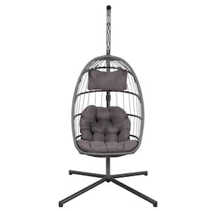 Outdoor 1-Person Wicker Egg Swing Chair with Stand, Porch Swing Foldable Hammock Chair for Garden Gray